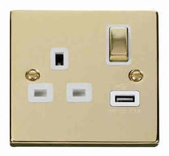 Polished Brass - White Inserts Polished Brass 1 Gang 13A DP Ingot 1 USB Switched Plug Socket - White Trim