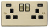 Polished Brass - Black Inserts Polished Brass 2 Gang 13A DP Ingot 2 USB Twin Double Switched Plug Socket - Black Trim