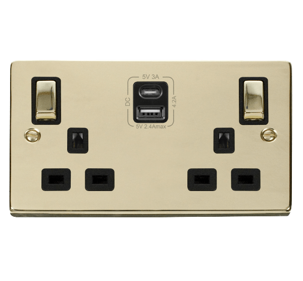 Polished Brass 2 Gang 13A DP Ingot Type A & C USB Twin Double Switched Plug Socket - Black Trim