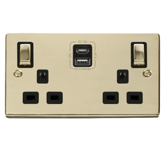 Polished Brass 2 Gang 13A DP Ingot Type A & C USB Twin Double Switched Plug Socket - Black Trim