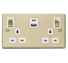 Polished Brass 2 Gang 13A DP Ingot Type A & C USB Twin Double Switched Plug Socket - White Trim