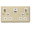 Polished Brass 2 Gang 13A DP Ingot Type A & C USB Twin Double Switched Plug Socket - White Trim