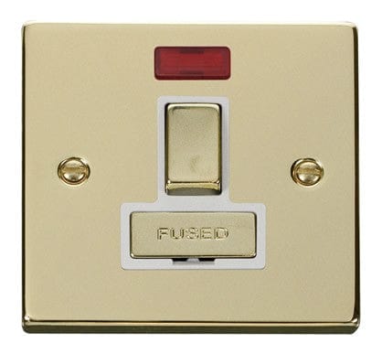 Polished Brass - White Inserts Polished Brass 13A Fused Ingot Connection Unit Switched With Neon - White Trim