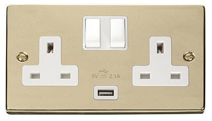 Polished Brass - White Inserts Polished Brass 2 Gang 13A 1 USB Twin Double Switched Plug Socket - White Trim