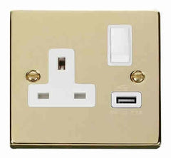 Polished Brass - White Inserts Polished Brass 1 Gang 13A DP 1 USB Switched Plug Socket - White Trim