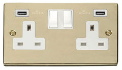 Polished Brass - White Inserts Polished Brass 2 Gang 13A 2 USB Twin Double Switched Plug Socket - White Trim