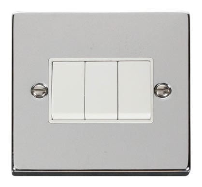 Polished Chrome - White Inserts Polished Chrome 10A 3 Gang 2 Way Light Switch - White Trim