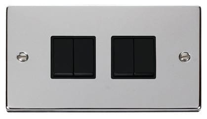 Polished Chrome - Black Inserts Polished Chrome 10A 4 Gang 2 Way Light Switch - Black Trim