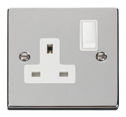 Polished Chrome - White Inserts Polished Chrome 1 Gang 13A DP Switched Plug Socket - White Trim