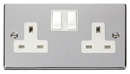 Polished Chrome - White Inserts Polished Chrome 2 Gang 13A Twin Double Switched Plug Socket - White Trim