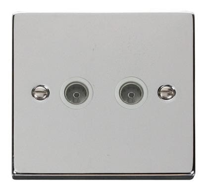 Polished Chrome - White Inserts Polished Chrome 2 Gang Twin Coaxial TV Socket - White Trim