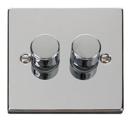 Polished Chrome - White Inserts Polished Chrome 2 Gang 2 Way LED 100W Trailing Edge Dimmer Light Switch