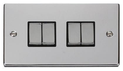 Polished Chrome - Black Inserts Polished Chrome 10A 4 Gang 2 Way Ingot Light Switch - Black Trim