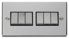 Polished Chrome - Black Inserts Polished Chrome 10A 6 Gang 2 Way Ingot Light Switch - Black Trim