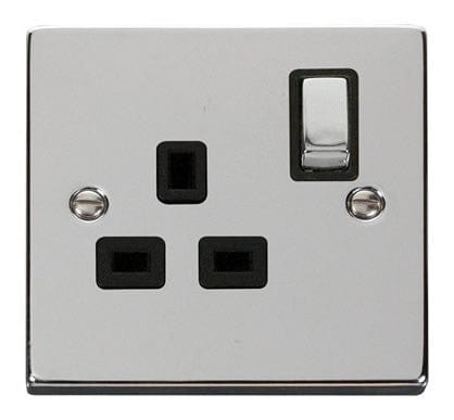 Polished Chrome - Black Inserts Polished Chrome 1 Gang 13A DP Ingot Switched Plug Socket - Black Trim