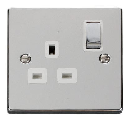 Polished Chrome - White Inserts Polished Chrome 1 Gang 13A DP Ingot Switched Plug Socket - White Trim