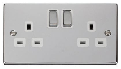 Polished Chrome - White Inserts Polished Chrome 2 Gang 13A DP Ingot Twin Double Switched Plug Socket - White Trim