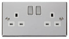 Polished Chrome - White Inserts Polished Chrome 2 Gang 13A DP Ingot Twin Double Switched Plug Socket - White Trim