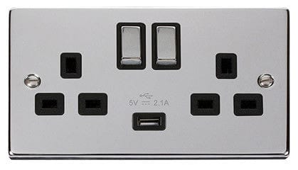 Polished Chrome - Black Inserts Polished Chrome 2 Gang 13A DP Ingot 1 USB Twin Double Switched Plug Socket - Black Trim