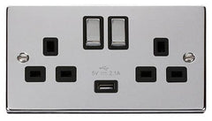 Polished Chrome - Black Inserts Polished Chrome 2 Gang 13A DP Ingot 1 USB Twin Double Switched Plug Socket - Black Trim