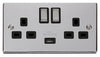 Polished Chrome - Black Inserts Polished Chrome 2 Gang 13A DP Ingot 1 USB Twin Double Switched Plug Socket - Black Trim