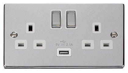 Polished Chrome - White Inserts Polished Chrome 2 Gang 13A DP Ingot 1 USB Twin Double Switched Plug Socket - White Trim