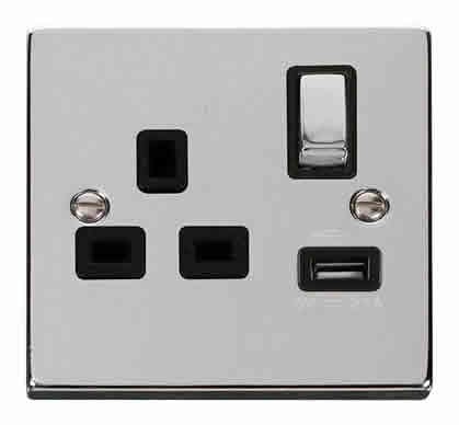 Polished Chrome - Black Inserts Polished Chrome 1 Gang 13A DP Ingot 1 USB Switched Plug Socket - Black Trim