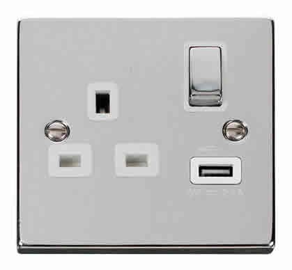 Polished Chrome - White Inserts Polished Chrome 1 Gang 13A DP Ingot 1 USB Switched Plug Socket - White Trim