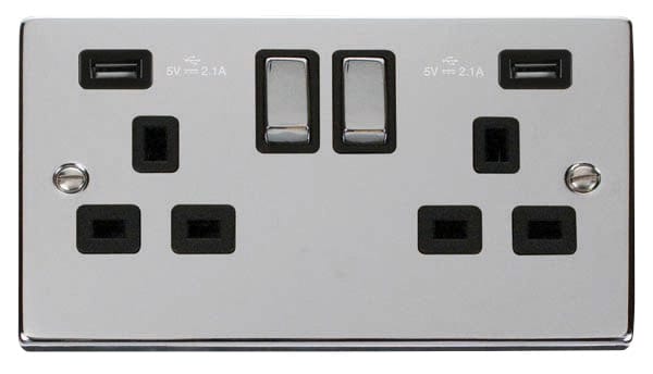 Polished Chrome - Black Inserts Polished Chrome 2 Gang 13A DP Ingot 2 USB Twin Double Switched Plug Socket - Black Trim