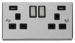 Polished Chrome - Black Inserts Polished Chrome 2 Gang 13A DP Ingot 2 USB Twin Double Switched Plug Socket - Black Trim