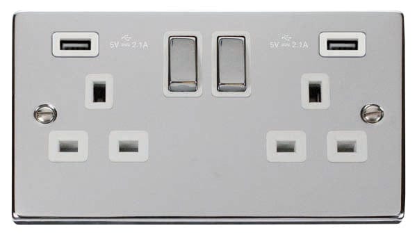 Polished Chrome - White Inserts Polished Chrome 2 Gang 13A DP Ingot 2 USB Twin Double Switched Plug Socket - White Trim