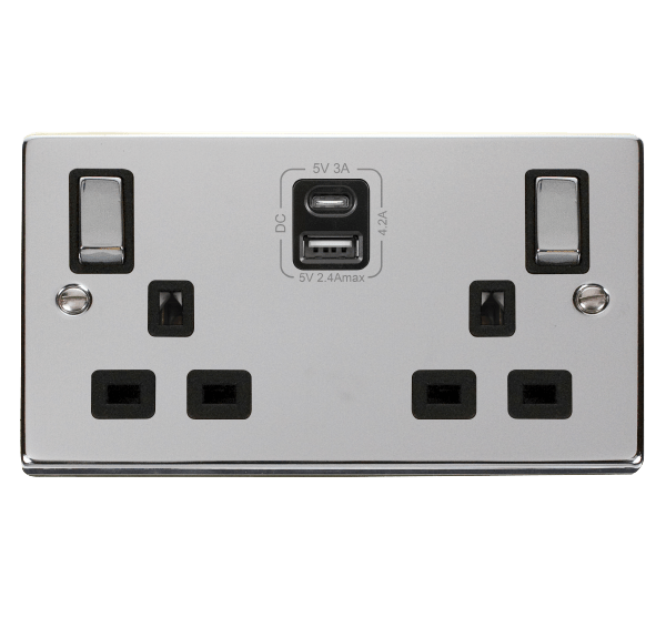 Polished Chrome 2 Gang 13A DP Ingot Type A & C USB Twin Double Switched Plug Socket - Black Trim