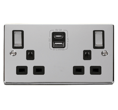 Polished Chrome 2 Gang 13A DP Ingot Type A & C USB Twin Double Switched Plug Socket - Black Trim