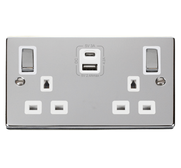 Polished Chrome 2 Gang 13A DP Ingot Type A & C USB Twin Double Switched Plug Socket - White Trim