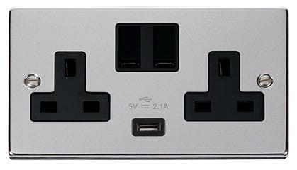 Polished Chrome - Black Inserts Polished Chrome 2 Gang 13A 1 USB Twin Double Switched Plug Socket - Black Trim