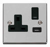 Polished Chrome - Black Inserts Polished Chrome 1 Gang 13A DP 1 USB Switched Plug Socket - Black Trim