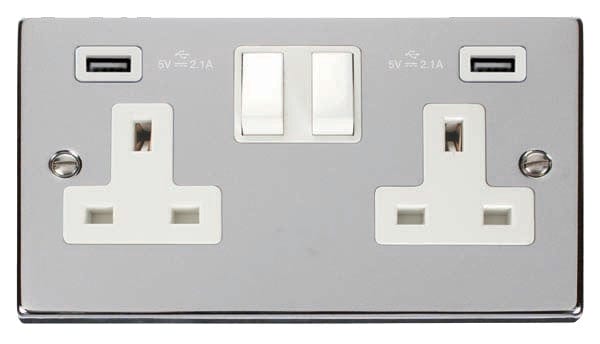 Polished Chrome - White Inserts Polished Chrome 2 Gang 13A 2 USB Twin Double Switched Plug Socket - White Trim