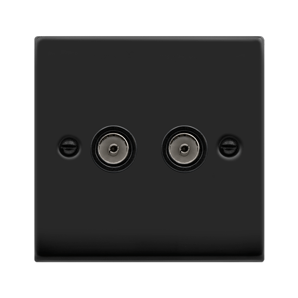 Matt Black - Black Inserts Matt Black 2 Gang Twin Coaxial TV Socket - Black Trim