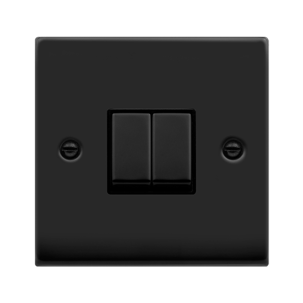 Matt Black - Black Inserts Matt Black 10A 2 Gang 2 Way Ingot Light Switch - Black Trim