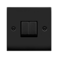 Matt Black - Black Inserts Matt Black 10A 2 Gang 2 Way Ingot Light Switch - Black Trim