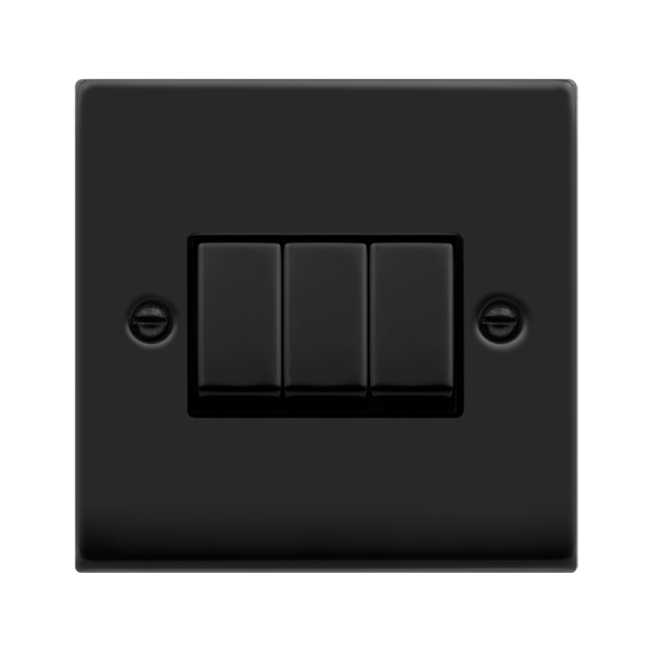 Matt Black - Black Inserts Matt Black 10A 3 Gang 2 Way Ingot Light Switch - Black Trim