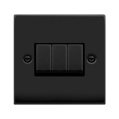 Matt Black - Black Inserts Matt Black 10A 3 Gang 2 Way Ingot Light Switch - Black Trim