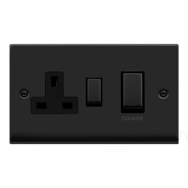 Matt Black - Black Inserts Matt Black Cooker Control Ingot 45A With 13A Switched Plug Socket - Black Trim