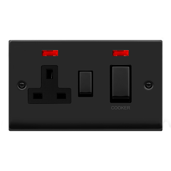 Matt Black - Black Inserts Matt Black Cooker Control Ingot 45A With 13A Switched Plug Socket & 2 Neons - Black Trim