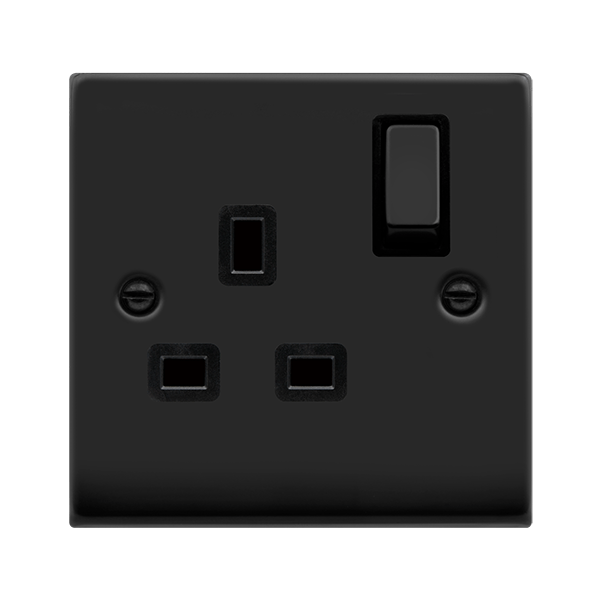 Matt Black - Black Inserts Matt Black 1 Gang 13A DP Ingot Switched Plug Socket - Black Trim