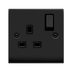 Matt Black - Black Inserts Matt Black 1 Gang 13A DP Ingot Switched Plug Socket - Black Trim