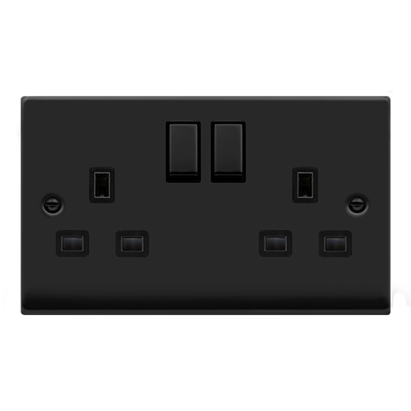 Matt Black - Black Inserts Matt Black 2 Gang 13A DP Ingot Twin Double Switched Plug Socket - Black Trim