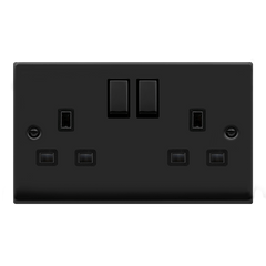 Matt Black - Black Inserts Matt Black 2 Gang 13A DP Ingot Twin Double Switched Plug Socket - Black Trim