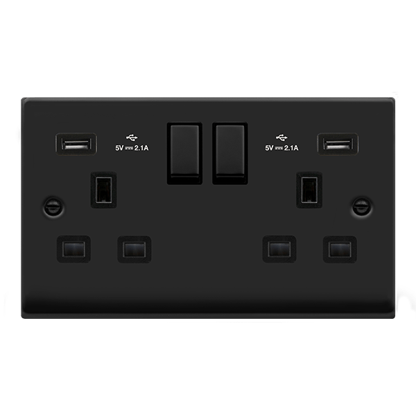 Matt Black - Black Inserts Matt Black 2 Gang 13A DP Ingot 2 USB Twin Double Switched Plug Socket - Black Trim