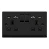 Matt Black - Black Inserts Matt Black 2 Gang 13A DP Ingot 2 USB Twin Double Switched Plug Socket - Black Trim